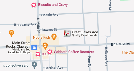 Google Maps showing Biscuits and Gravy just north of Clawson's downtown area